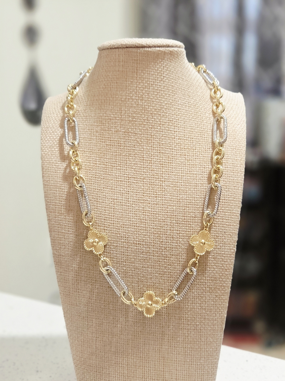 Two-Tone Gold and Silver Floral Link Necklace - Picture 3 of 5